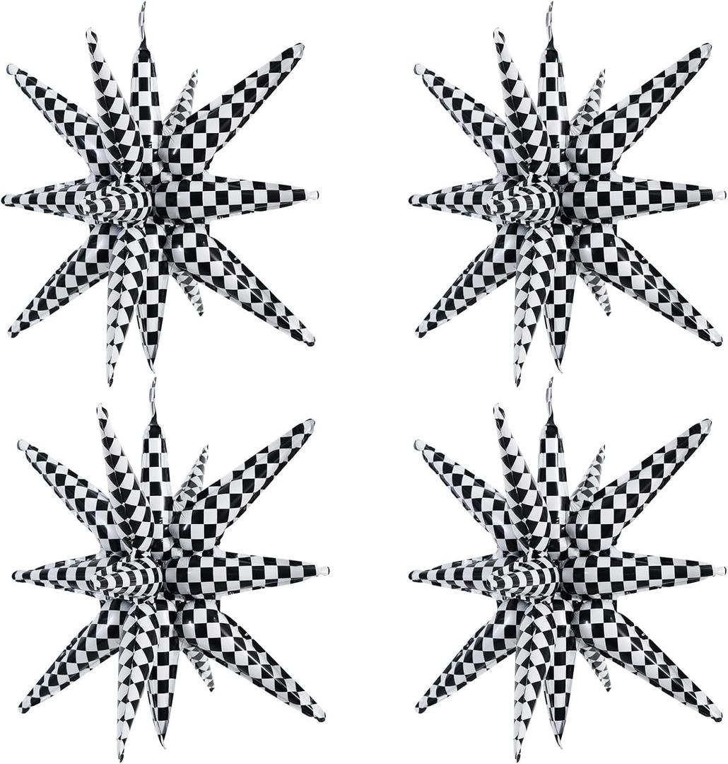 TONIFUL 4 Pcs 22inch 4D Checkered Explosion Star Mylar Balloons 14Point Checkered Star Balloons for Racing Themed Party Decorations Fast Race Car Birthday Baby Shower Photo Booth Backdrop Supplies