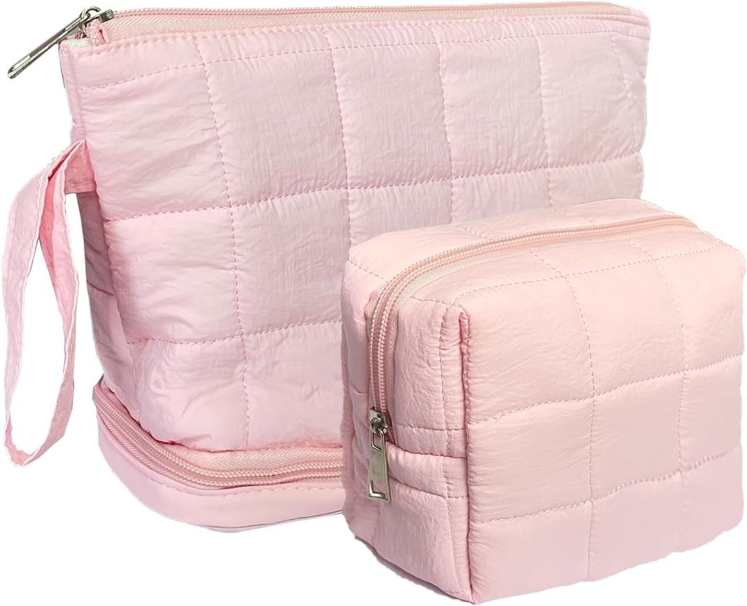 2 x Pink Puffy Puffer Makeup Bag for Purse Small Makeup Pouch Quilted Cosmetic Bag Cute Cotton Toiletry Pouch Bag for Women