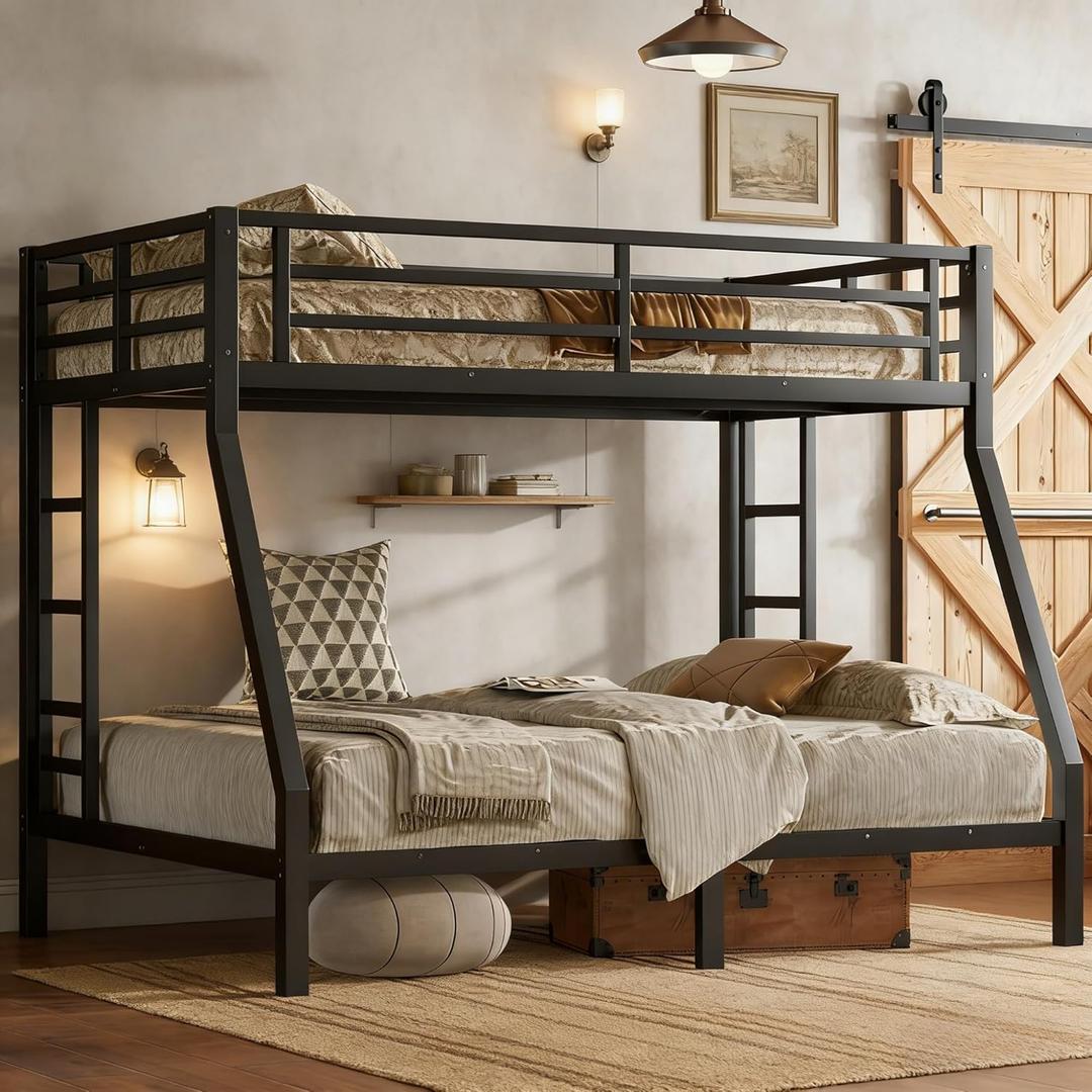 Bellemave Twin Over Full Bunk Bed with Ladders, Metal Bunk Beds Frame with Full-Length Guardrails, Heavy-Duty Bunkbed for Bedroom, Guest Room, Dorms, Noise-Reduce and No Spring Box Needed, Black