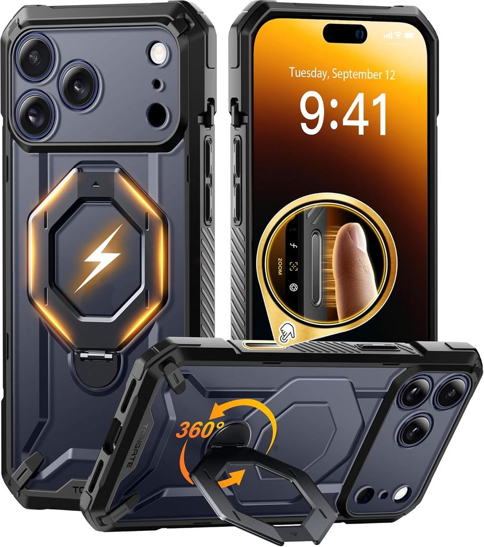 TONGATE for iPhone 17 Pro Case with 360° Spin Magnetic Stand, [Compatible with MagSafe][Military-Grade Protection] with Screen Protector & Camera Control Cover for iPhone 17 Pro, Black