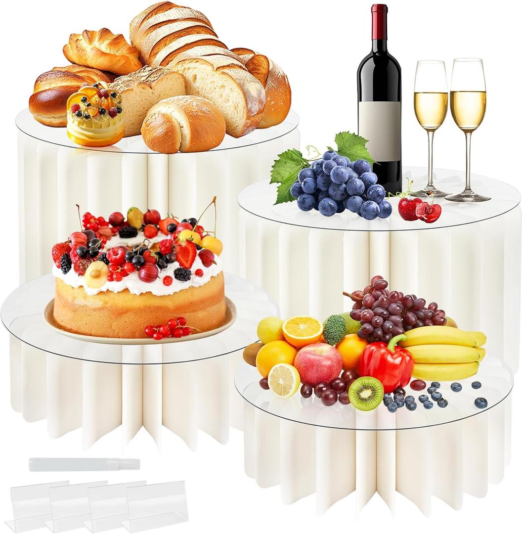 Fantasyon 4 Pack Buffet Risers, Foldable Food Display Stands for Dessert Table, Acrylic Cake Riser Columns for Party Wedding Birthday Decor, White Display Risers for Candy, Jewelry, Figures
