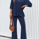 PRETTYGARDEN 2 Piece Lounge Sets for Women Summer 2025 Short Sleeve Tops Wide Leg Pants Matching Travel Outfits Clothing (Navy,X-Small) 