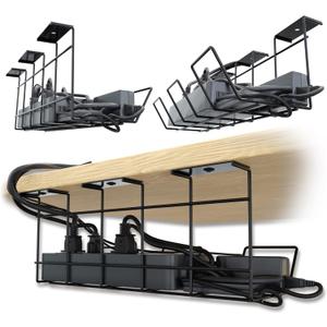 Compact Under Desk Cable Management Tray - Cable Organizer for Wire Management, Desk Wire Organizer, Cable Tray - Black Set of 2x12