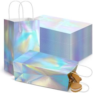30 Pcs Iridescent Gift Bags Bulk Holographic Party Favor Bag with Handle 8.3 x 5 x 3.2 in Glossy Paper Candy Goodie Flower Handbag for Kpop Disco Wedding Bridal Birthday Graduation Party Supplies