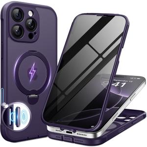 BERFY for iPhone 16 Pro Case, Compatible with MagSafe, Built in Privacy Screen Protector, Shockproof Full Body Phone Case for 16 Pro with Magnetic Stand, Translucent Purple