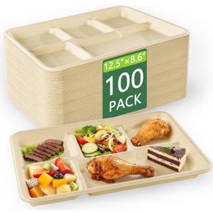 WELLIFE 100% Compostable 5 Compartment Paper Plates, 100 Pack Disposable School Lunch Trays Divided Plates for Adult Youth, 12.5 * 8.6 inch Heavy Duty Eco-Friendly Bagasse Plate for Buffet and Party