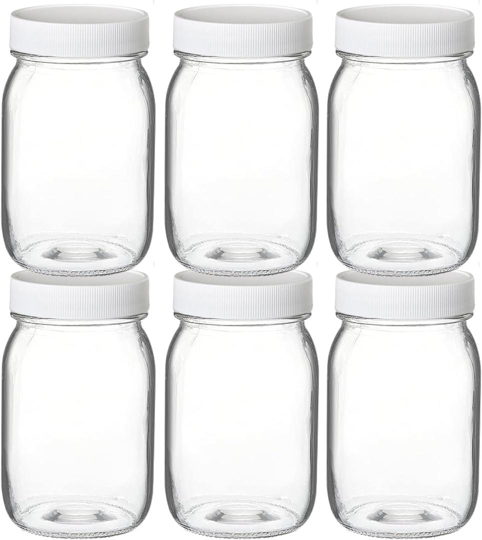 PR1M3 Mason Jars 16 oz Regular Mouth (6 Pack) Clear Glass with Plastic Lids for Sealing, Canning Jars for Food Storage, Overnight Oats, Dry Food, Snacks, Candies, DIY Project.