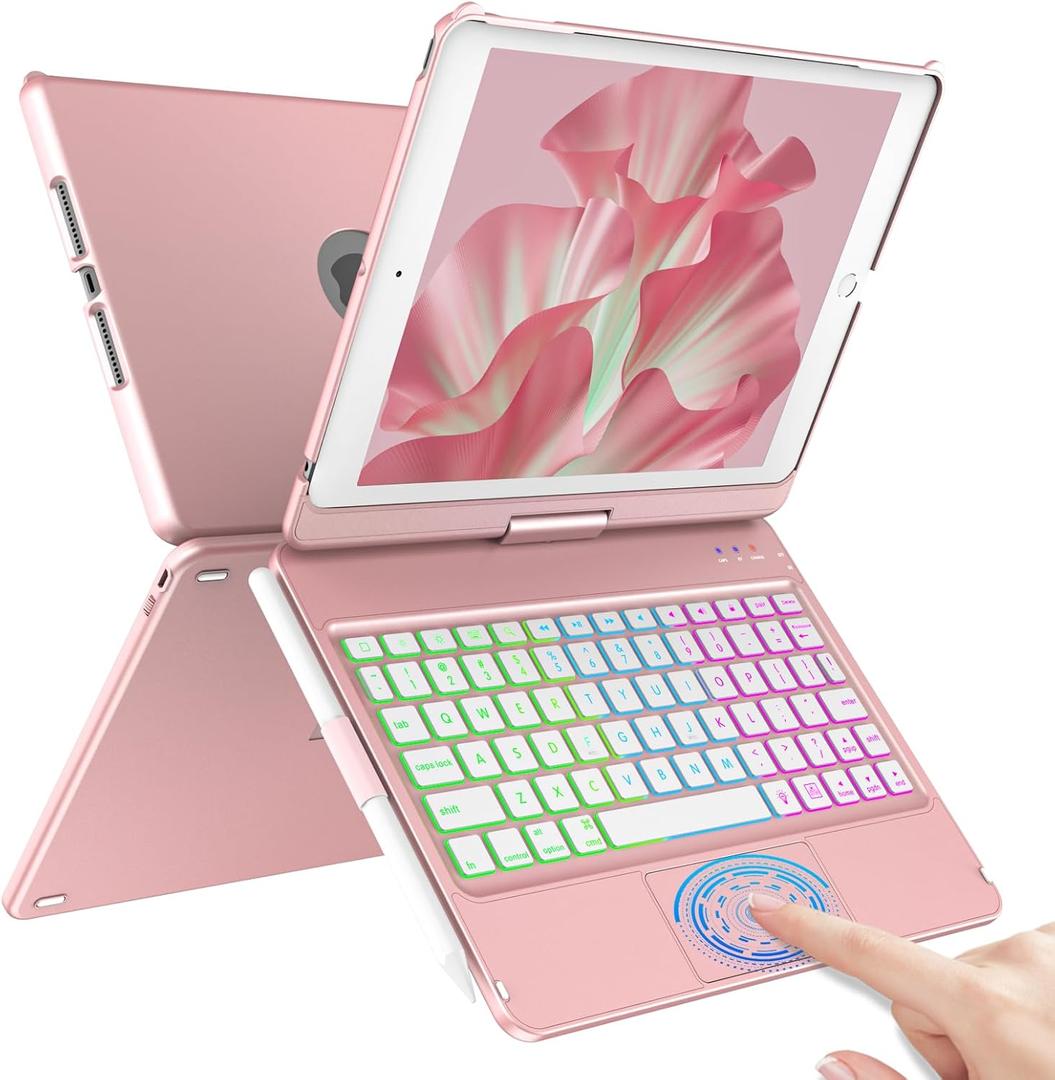 COO Touch Keyboard Case for iPad 10.2" 9th 8th 7th Generation, Multi-Touch & 10 Color Backlit Keys, 360 Rotatable & Pencil Holder, for iPad Air 3rd Gen 10.5" 2019, iPad Pro 10.5" 2017 - Rose Gold