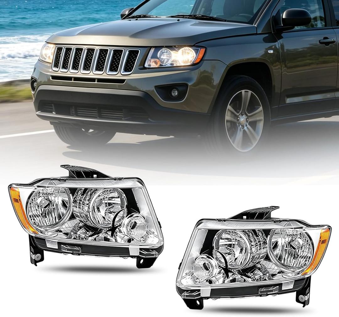 Pair Headlights Assembly Compatible with 2011-2013 Jeep Grand Cherokee & 2011-2017 Jeep Compass White Halogen Headlights Headlamps Driver and Passenger Side