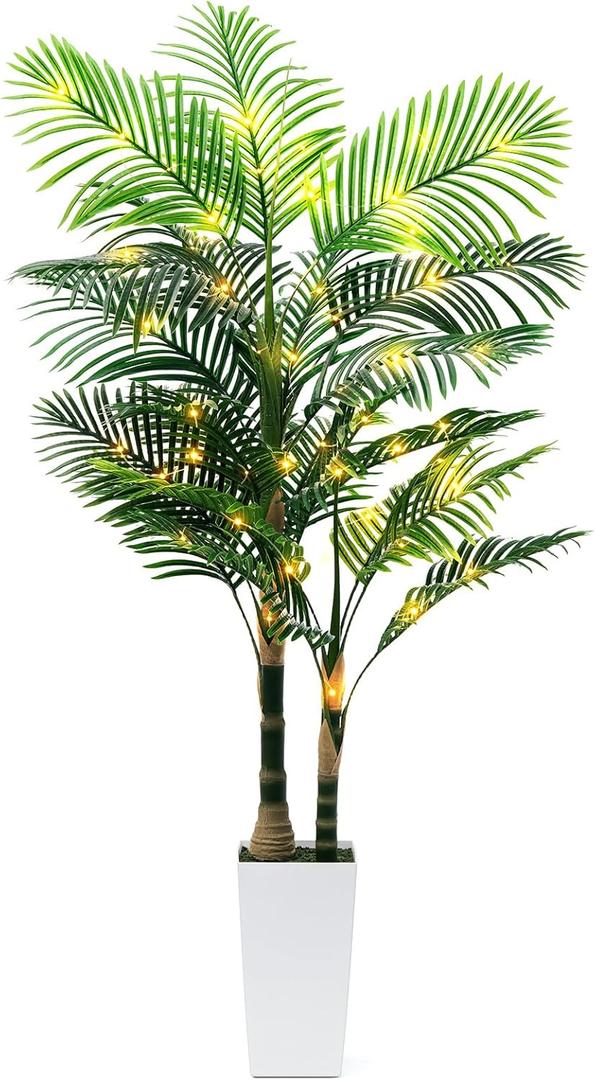 6ft Artificial Golden Cane Palm Tree with LED Fairy Lights & White Tall Planter - Lifelike Faux Tropical Palm Plant with Realistic Trunk and Palm Leaves for Home Office Living Room Corner Decor