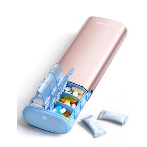 Vaydeer Metal 7 Day Pill Organizer 2 Times a Day – AM PM Weekly Travel Pill Case with Moisture-Proof Desiccant, Airtight Large Capacity Pill Box for Vitamins, Medications & Supplements (Rose Gold)