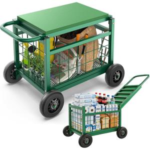 Extra Large Garden Cart with Seat, 3-in-1 Rolling Workseat with Wheels