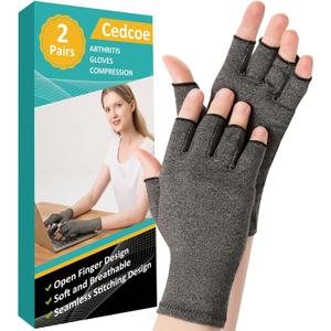 2 Pairs Arthritis Gloves Fingerless Compression Gloves for Relieve Hand Pain, Rheumatoid, Osteoarthritis, Tendonitis, Carpal Tunnel for Women and Men to Daily Work (Gray, Large)