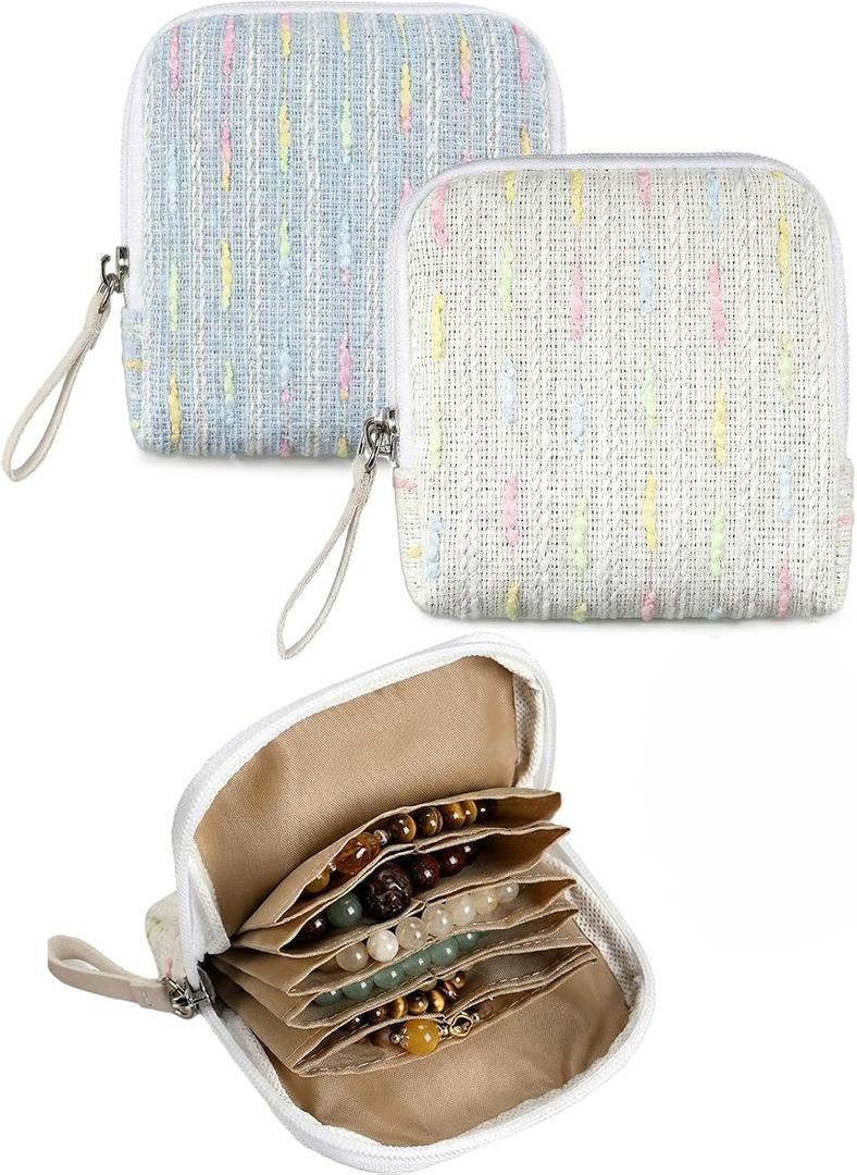 2 Pack Jewelry Organizer for Travel, Woven Jewelry Case Pouch with Zipper, Portable 6-Layer Storage Bag for Bracelets, Bangles, Necklaces, Earrings, Cute Gifts for Women Girls (Cream + Blue)