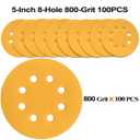5-Inch 8-Hole Hook and Loop Sanding Discs 800-Grit Random Orbit Sandpaper, 100-Pack