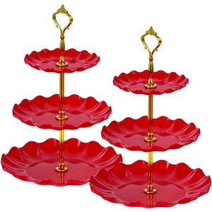 Soleebee 3-Tier Cupcake Stand, Wavy Plastic Tiered Serving Tray, Cup Cake Tower for Birthday Wedding Party Decoration, Cupcake Tier Stand Fruits Desserts Display 2 Pack (Red)