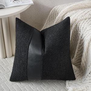 Pack of 1 Faux Leather Boucle Throw Pillow Covers 18"x18" Black Chic Accents Textured Square Decorative Pillow Cases for Living Room Couch Bed Farmhouse Boho Home Decor