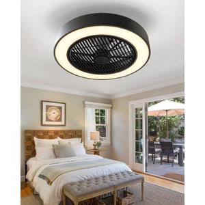 Enclosed Ceiling Fan with Lights, 20" Low Profile Fan Light LED Remote Control Dimming 6-Level Wind Speed, Flush Mount Ceiling Light with Fan Reversible Blades Hidden Ceiling Fan (Black)