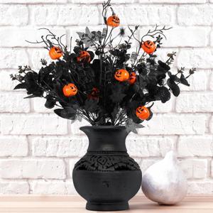 12 Pcs Halloween Decorations Artificial Flowers with Pumpkins, Maple Leaf Floral Stems Black Eucalyptus Halloween Centerpiece for Tables Vase Fillers Gothic Party Ornaments and Picks
