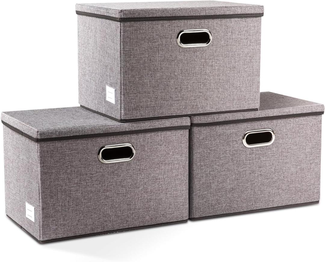 PRANDOM Large Collapsible Storage Bins with Lids [3-Pack] Linen Fabric Foldable Storage Boxes Organizer Containers Baskets Cube with Cover for Home Bedroom Closet Office Nursery (17.7x11.8x11.8) (Gray)