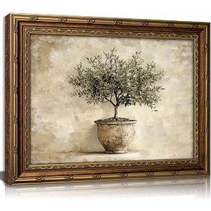 Vintage Gold Framed Olive Tree Wall Art,Pottery Still Life Painting Wall Decor, Neutral Botanical Antique Potted Plant Poster Prints for Farmhouse Kitchen Dining Room Home Decoration 16x24inch
