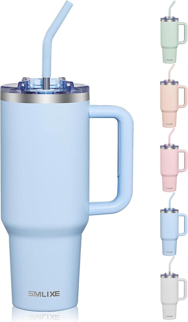 COKTIK 40 oz Tumbler With Handle and Straw, Insulated Tumbler With Leakproof Lids, Stainless Steel|BPA-Free, Cold for 24 H (Silent Sky)