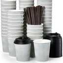 MUCHII 8 oz Disposable Paper Coffee Cups, 97 Count Insulated Ripple To Go Cups With Lids and Straws for Tea, Hot Chocolate, and Drinks