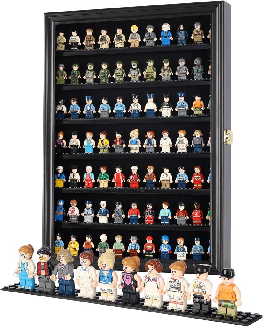Minifigure Display Case - Building Block Toy Wall Cabinet Showcase for Small Miniature Collectibles Mini Brands Thimbles, Lockable UV Protection Door (Black Finish Frame)
