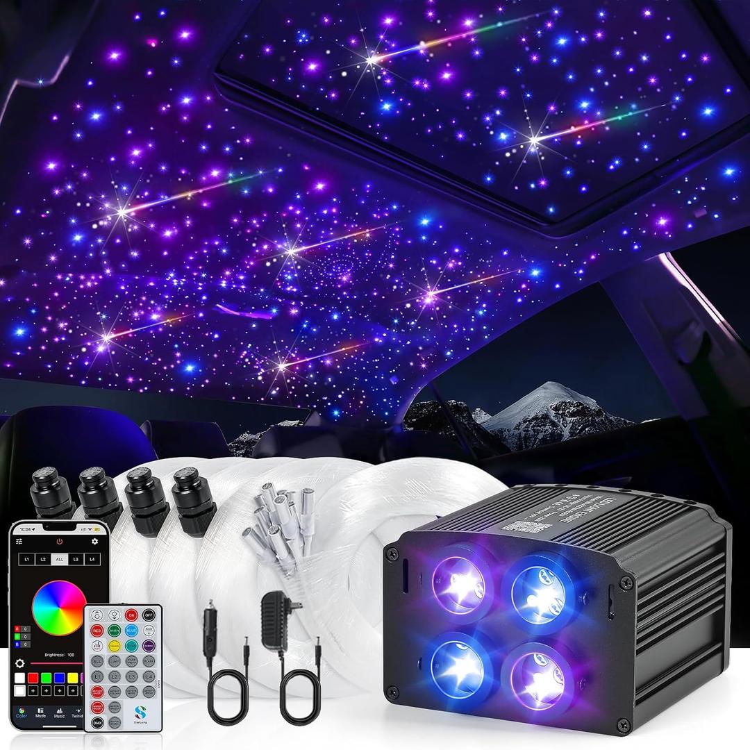Car Starlight Headliner Kit, 4 Colors 32W Twinkle & Meteor Fiber Optic Ceiling Lights, 2 in 1 Light Engine 1200pcs*0.03in*13.1ft+240 RGBW Shooting Stars Lights for Car Roof Dcor