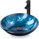 Bathroom Artistic Vessel Sink, Tempered Glass Vanity Round Bowl with Oil Rubber Bronze Faucet and Pop up drain Set, Ocean Blue, 16.5 x 5.5 inches