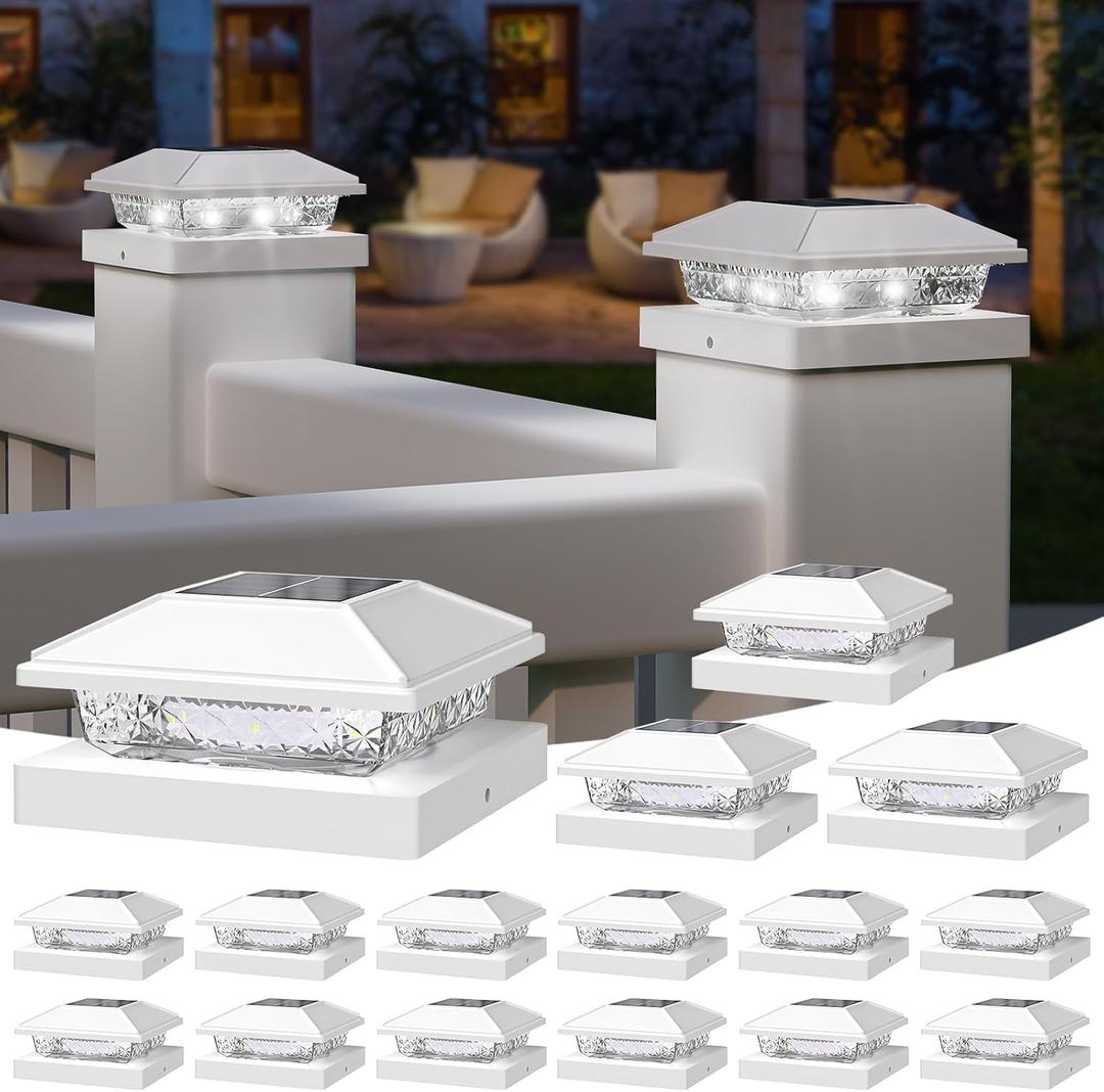 NIORSUN Solar Post Lights Outdoor, Fence Post Solar Lights Cool White, Waterproof, Garden Patio Fence Deck Decor, 4x4 Posts Cap Wood Vinyl, 5x5 Vinyl, White 16 Pack