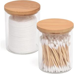 BKYFPQ 2 Pack Glass Qtip Holder Dispenser Set - Apothecary Jars with Lids - Vanity Makeup Organizer and Bathroom Canister Storage Organizer for Cotton Ball, Swab, Round Pads,Floss