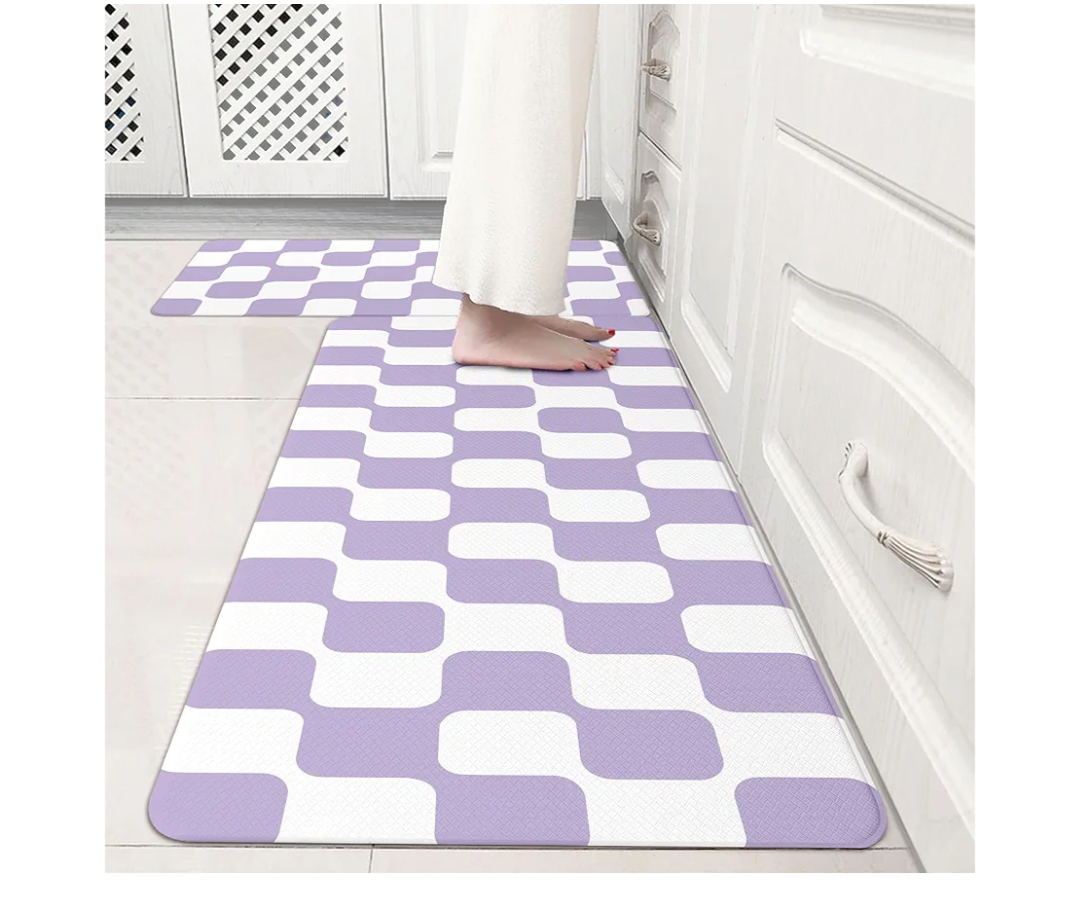 Modern Purple Retro Curvy Checkered Grid Checkerboard Kitchen Rug Sets [2 PCs], Anti-Fatigue, Waterproof Non-Slip Kitchen Mats Heavy Duty Comfort Foam Rug for Floor, Home, Laundry,17"x29"+17"x47"