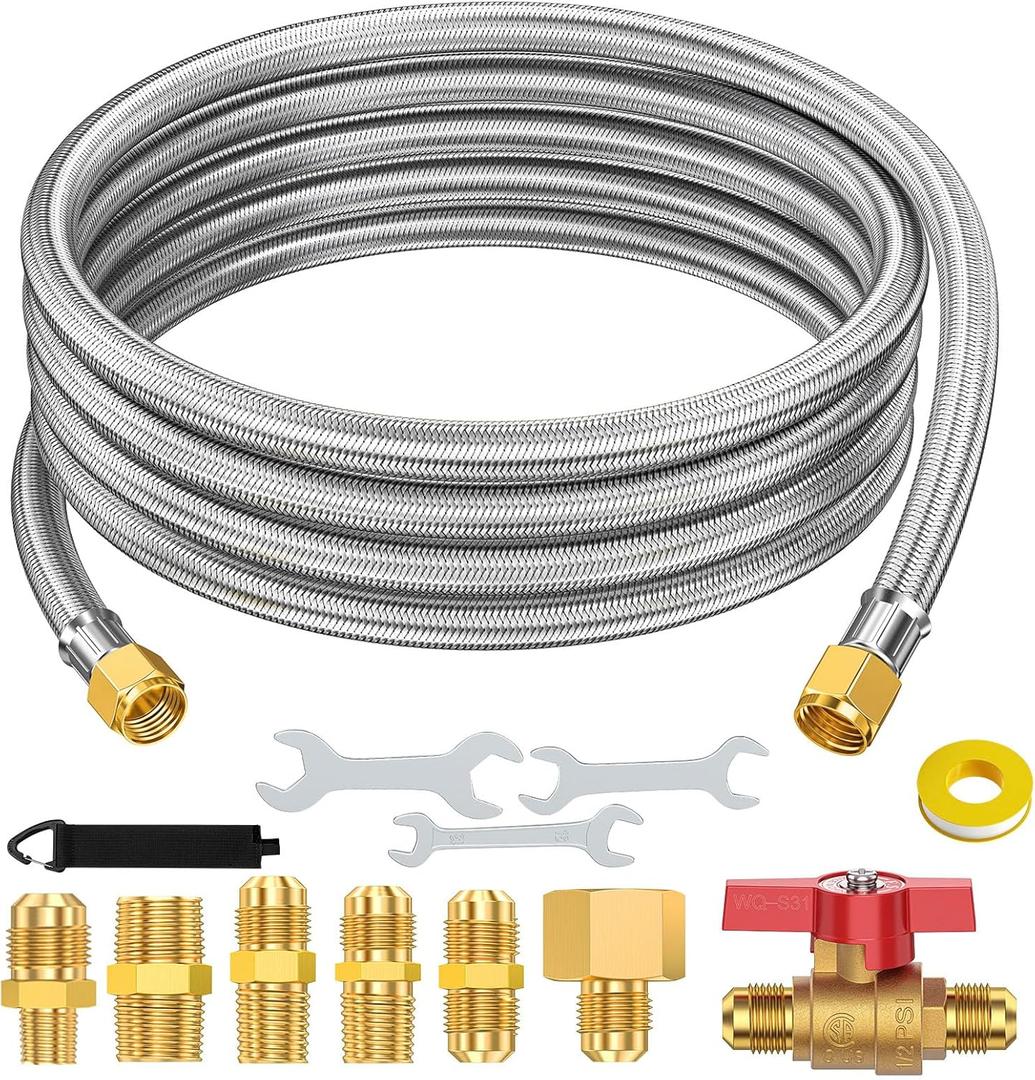 12 Feet 3/8 Propane Hose Extension, Braided Propane Tank Gas Line Hose, with Adapter, 3/8" Male Flare to 1/2" 1/4" 1/8" 3/8" 3/8" NPT Male, for Camper, RV, Camper, Grill, Griddle, Heated, Fire Pit