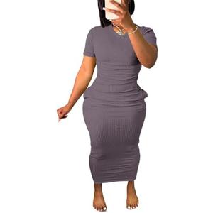 Women's Casual Short Sleeve Dress T Shirt Bodycon Dresses Ribbed V Neck Maxi Sundress Basic Party Club Dress with Pocket, Size 2XL, Purple 
