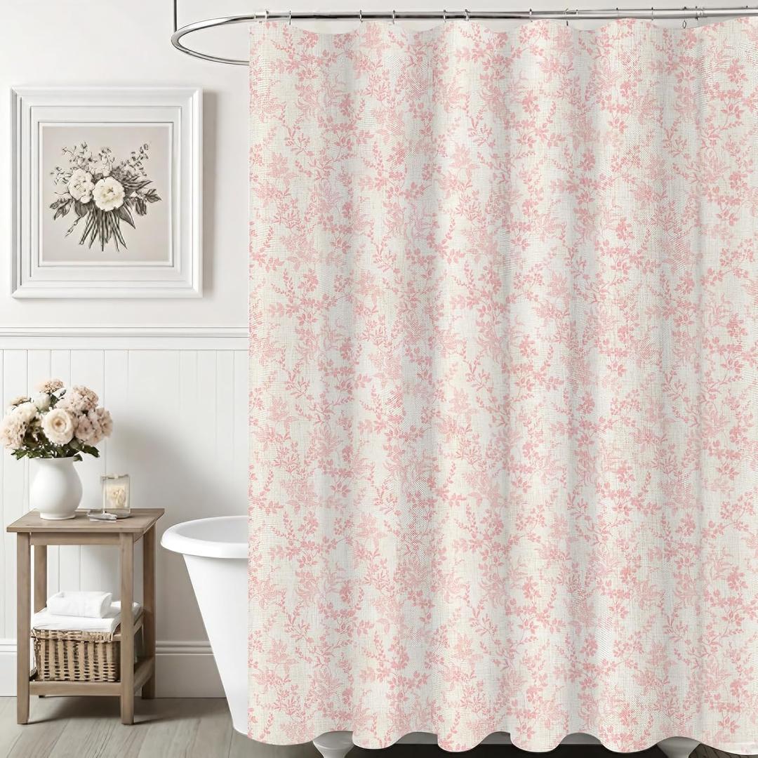 Pink Cotton Waterproof Extra Long Shower Curtain, Farmhouse Elegance Floral 84 Shower Curtains for Bathroom Decor, Chic Fabric Cloth Flower Leaves Shower Curtain 72" W x 84" L