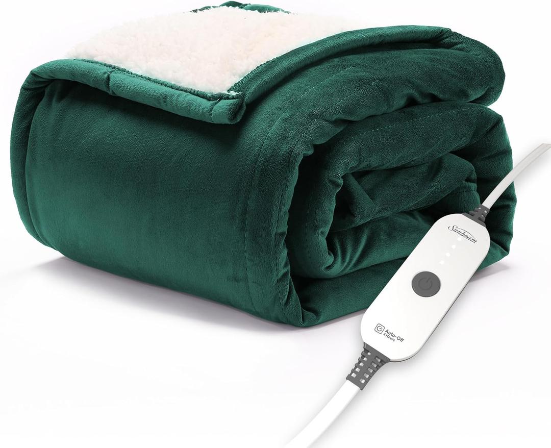 Sunbeam Electric Throw Royal Mink Sherpa Heated Blanket, 4 Heat Settings, 4-Hour Auto Shut-Off, Fast Heating, Luxurious and Ultra Comfy, Botanical Green Color, 50" x 60" (Sable)
