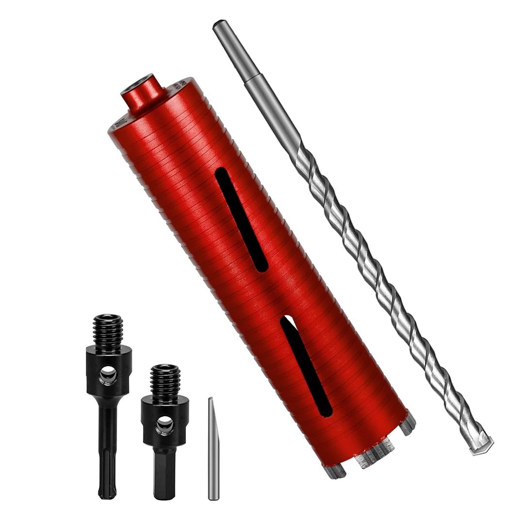 SALI Diamond Core Drill Bits 2 1/2" Diameter 10"/254mm Drilling Depth 5/8-11" Thread Core Bit Turbo Laser-Welded Segments for Cured Concrete with Brick Block Masonry with Two AdaptersRed