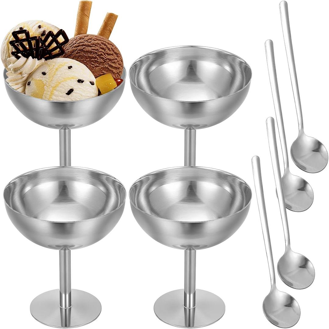 FMOACEN 4 Pcs Stainless Steel Dessert Cup with Spoons 8oz Silver Ice Cream Cups for Sundaes Frozen Yogurt and Fruit Reusable Footed Ice Cream Bowls for Parties Celebrations and Gatherings, 3.9 x 3.9 x 4.3 inches