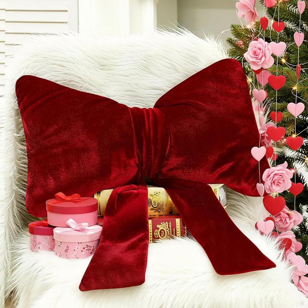 Thyle Valentines Large Red Bow Pillow 18 x 16 Inches Velvet Valentines Throw Pillow Decorative Cute Coquettish Cushion Coquette Bow Decor for Xmas Room Bed Aesthetic Sofa Couch Car Home Gift