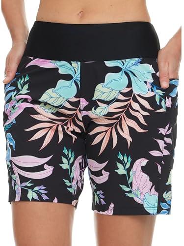 Hurley 5"/7" High Waisted Swim Shorts Women, Board Shorts with Pockets & Inner Liner, Quick Dry Swim Trunk, UPF 50+ Black Multi XL