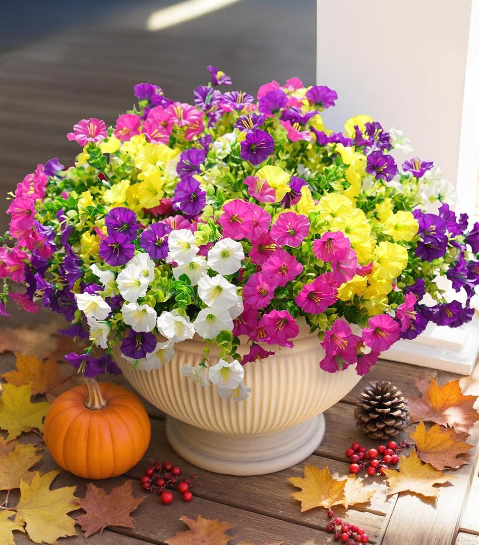 HyeFlora Artificial Flowers for Outdoors Fake Plants Outside Decoration, 12 Bundles Silk Colorful Morning Glory with Eucalyptus UV Resistant Realistic Faux Flowers for Planter Front Door Garden Yard (Multi Color(3 Purple, 3 Fuchsia, 3 White, 3 Yellow))