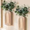 DREAMLOOM 2 Pack Wooden Wall Vases with Fake Plants, Wall Hanging Planters Boho Modern Farmhouse Indoor for Narrow Spaces Entryway Bathroom Home Office Decoration, Brown
