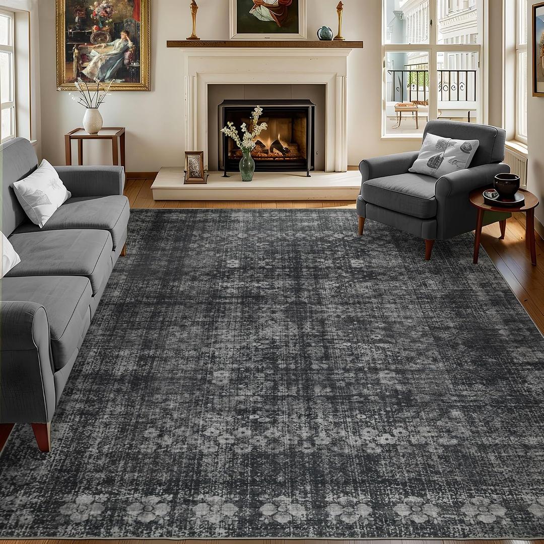 6x9 Vintage Washable Area Rug for Living Room,Low Pile Non Slip Carpet Non-Shedding Area Rug Soft Indoor Stain Resistant Rug Floral Print Mat for Bedroom Dining Room Dark Black