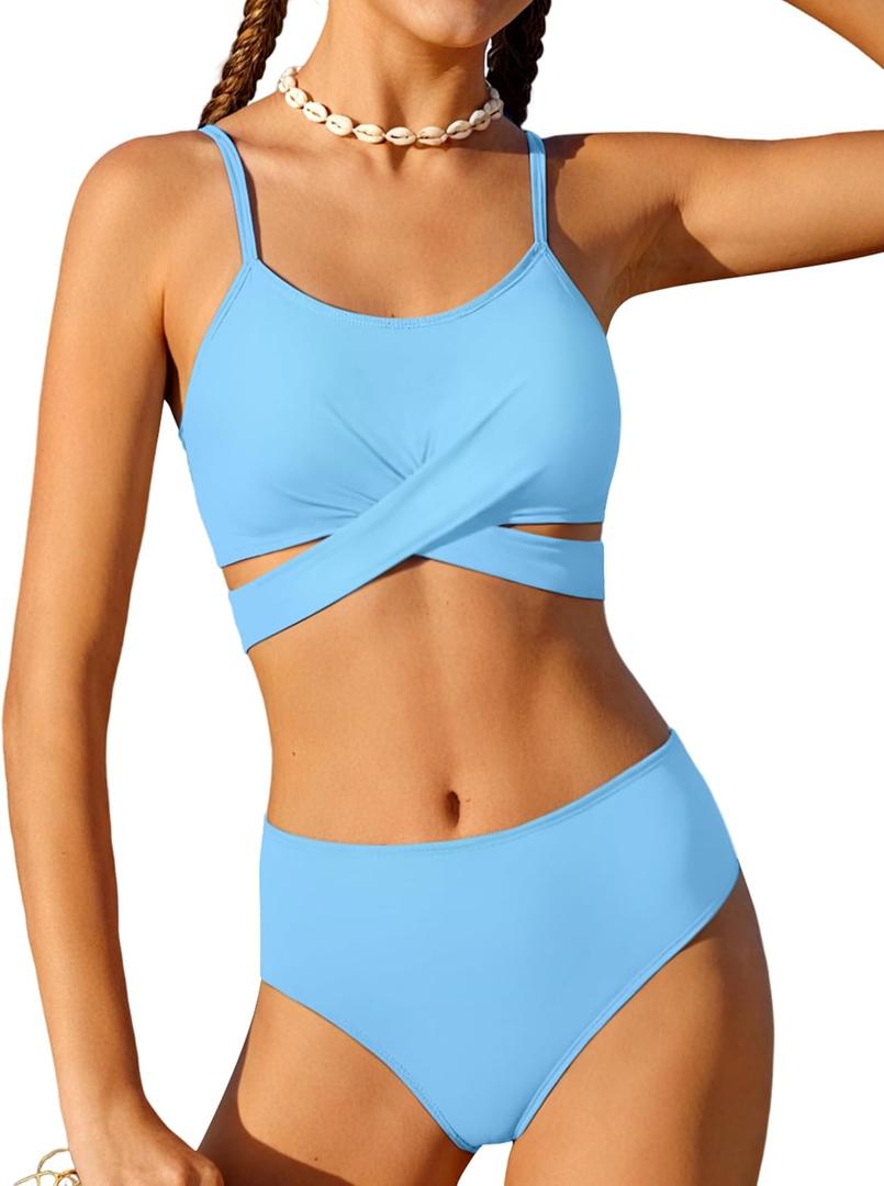 Girls Swimsuit Bathing Suits Criss Cross Bikini Set Two Piece Girls' Swimwear Solid Color Bathing Suit (11-12 Years, Sky Blue)