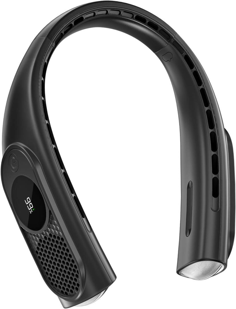 JIAGE Neck Fan, Bladeless Wearable Hands-Free Portable Fan, 5200mAh Rechargeable, 360 Cooling with 3 Speeds, Ultra-Quiet Personal Fan LED Display, Idea for Home, Office, Travel, Sports- Black