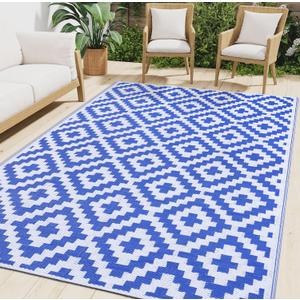 Smiry Waterproof Outdoor Rug 9x12 ft, Reversible Plastic Straw Patio Camping Rugs, Outdoor Indoor RV Mat Carpet for Patio, Outside Entry, Backyard, Deck, Bench, Picnic, Camper, White & Blue