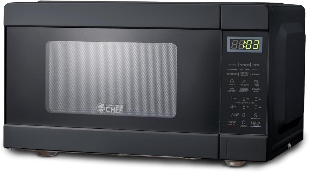 COMMERCIAL CHEF 0.9 Cu Ft Microwave with 10 Power Levels, Push Button and Child Lock, Digital Controls, Countertop Microwave with Timer and Quick-Touch Menu, Black