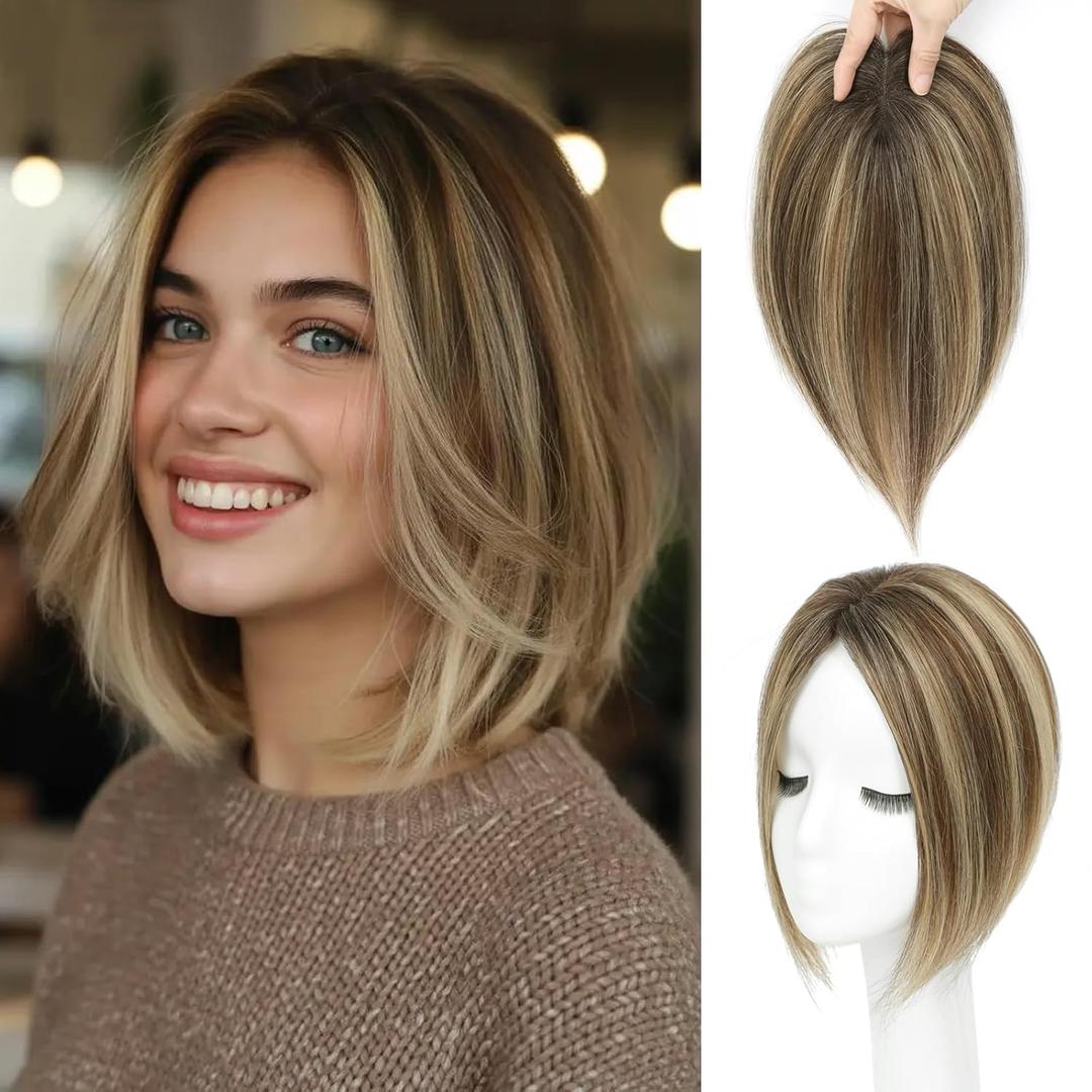 Hair Toppers for Women Real Human Hair Toppers with Thinning Hairpieces for Women 10 Inch Human Hair Topper for Cover Gray RootsMedium Brown Mix Blonde with Dark Brown Root