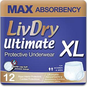 LivDry Ultimate XL Adult Incontinence Underwear, Max Absorbent Adult Diapers with Leak Protection, X-Large, 12-Pack, Pack of 4
